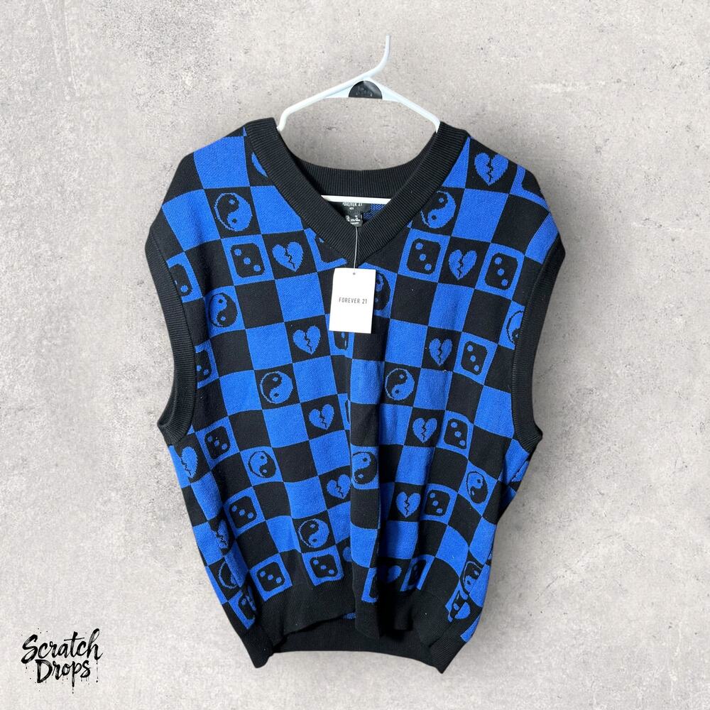 Forever 21 Men's Checkered Yin Yang Blue Black Sweater Vest Size M Trendy Casual